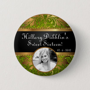 Lime Green Glitter Sequin Disco Glitz Photo Button