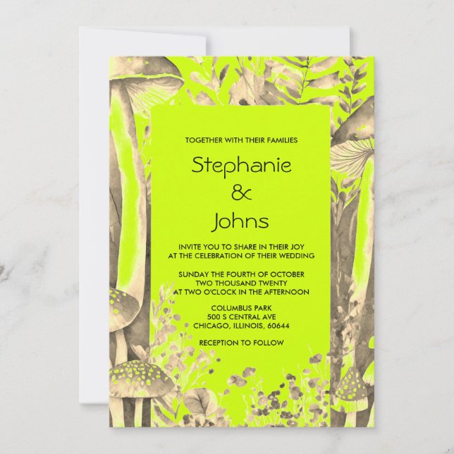 Lime Green Gold Brown Mushrooms Woodland Wedding Invitation (Front)