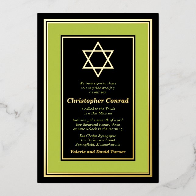 Lime Green Gold Foil Star of David Bar Mitzvah (Front)