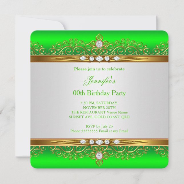 Lime Green Gold White Diamond Birthday Party Invitation (Front)