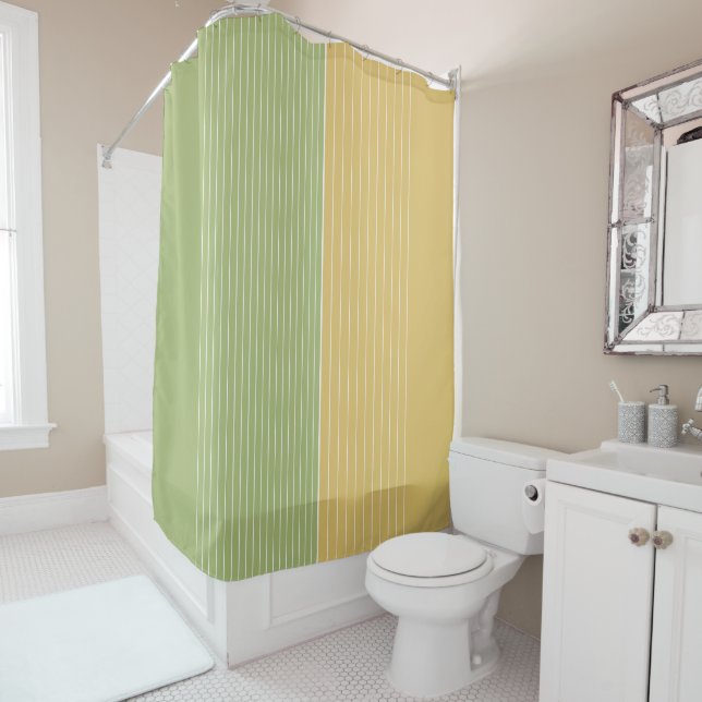 Lime Green Golden Stripes Shower Curtain (In Situ)