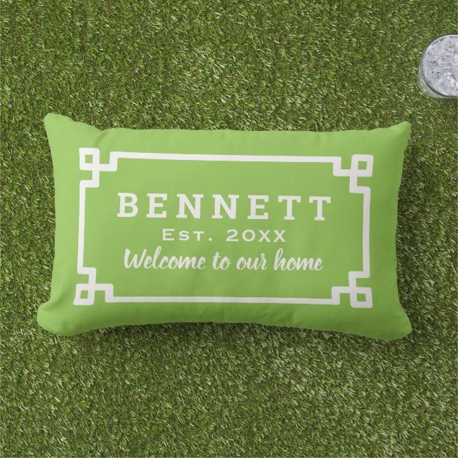 Lime Green Greek Key Custom Monogram Welcome Lumbar Cushion (Grass)