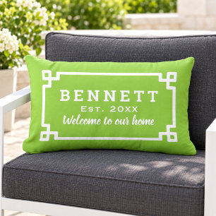 Lime Green Greek Key Monogram Welcome Lumbar Cushion
