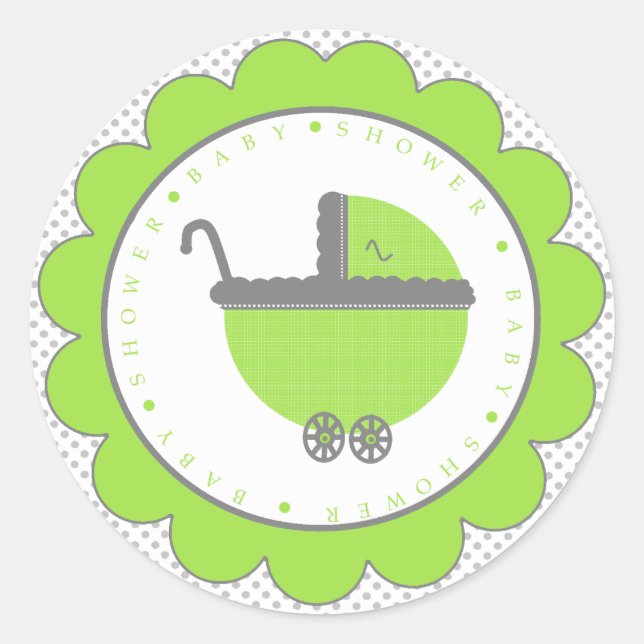 Lime Green & Grey Polka Dots-Baby Shower Classic Round Sticker (Front)