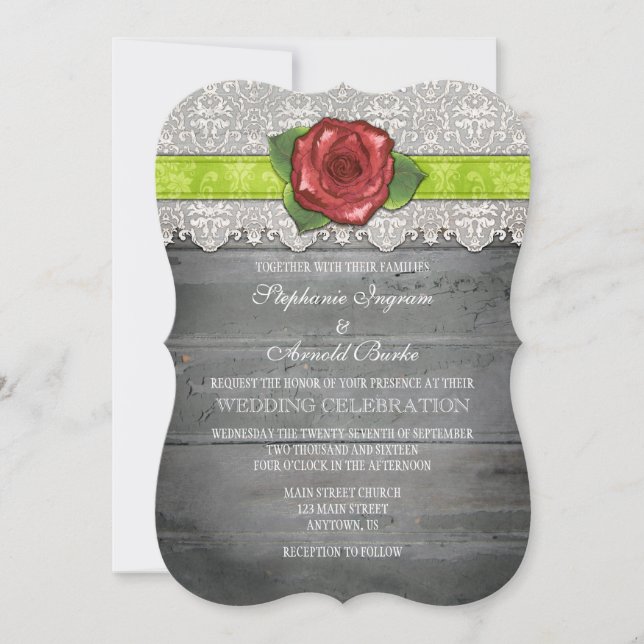 Lime Green Grey Rustic Wood Rose Wedding Invite (Front)