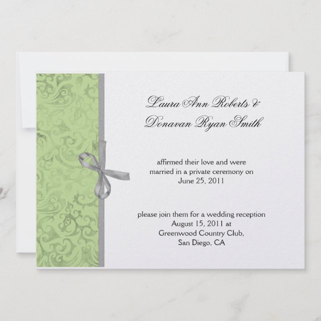 Lime Green Grey White Damask Post Wedding Invitation (Front)