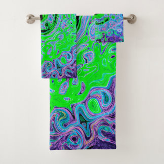 Lime Green Groovy Abstract Retro Liquid Swirl Bath Towel Set