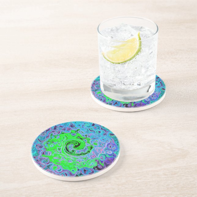 Lime Green Groovy Abstract Retro Liquid Swirl Coaster (Side)
