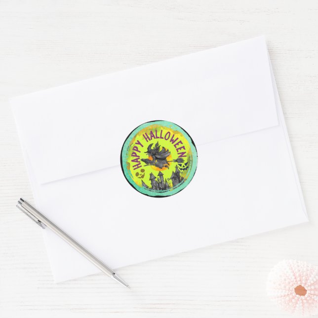 Lime green Happy Halloween Classic Round Sticker (Envelope)
