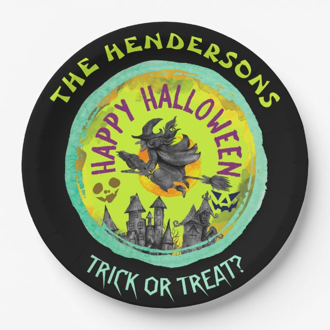 Lime green Happy Halloween Paper Plate (Front)