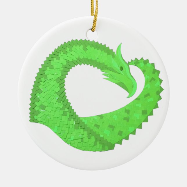 Lime green heart dragon on white ceramic tree decoration (Front)