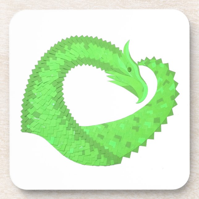 Lime green heart dragon on white coaster (Front)