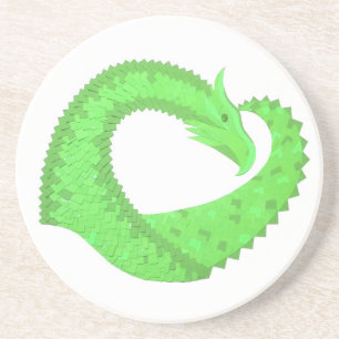 Lime green heart dragon on white coaster