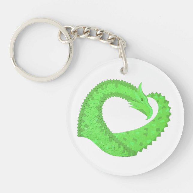 Lime green heart dragon on white key ring (Front)