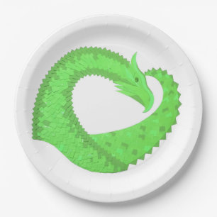 Lime green heart dragon on white paper plate