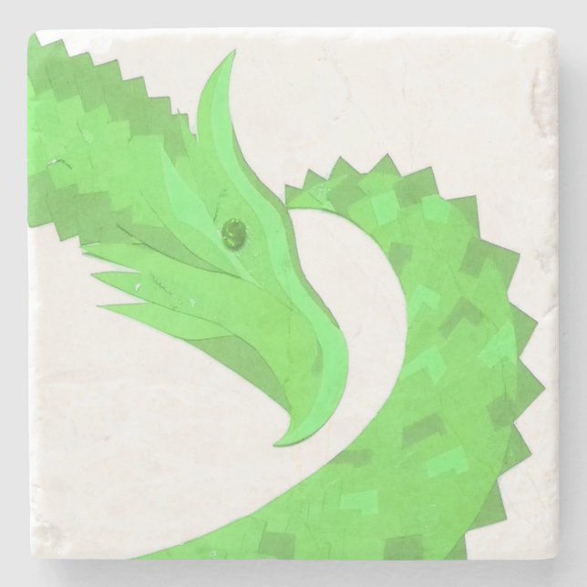 Lime green heart dragon on white stone coaster (Front)