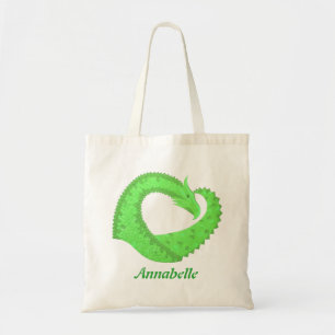 Lime green heart dragon on white tote bag