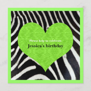 Lime Green Heart with Zebra Print Party Invitation