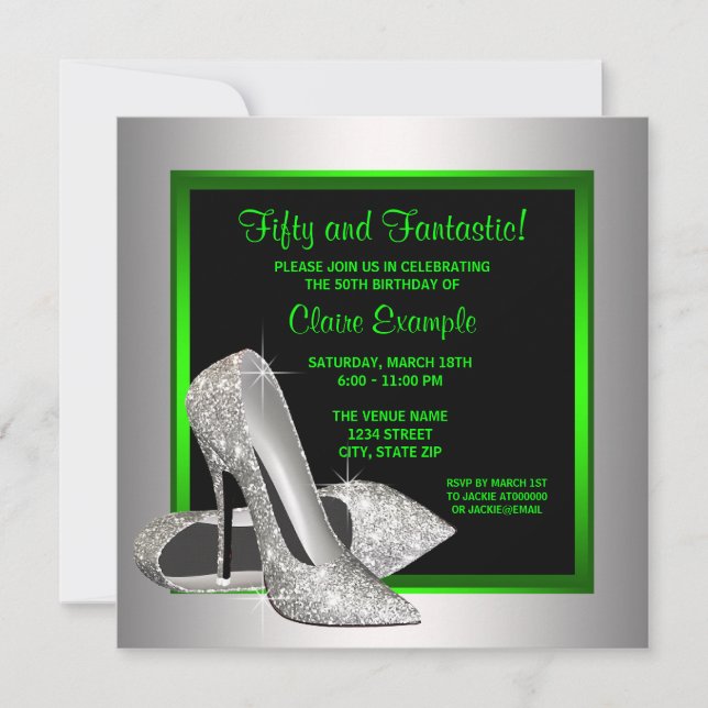 Lime Green High Heels Womans Birthday Party Invitation (Front)