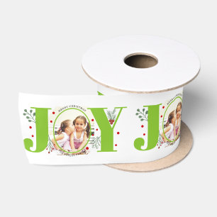 Lime green Joy with berries Christmas photo Satin Ribbon