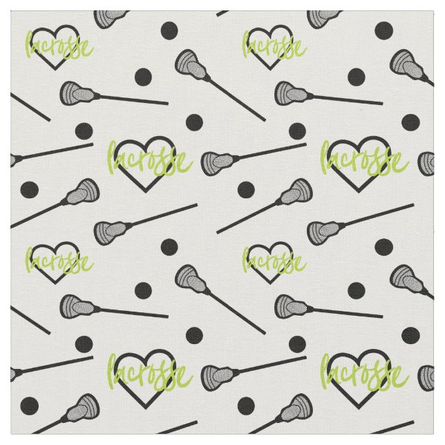 Lime Green Lacrosse Sticks and Hearts Pattern Fabric (Close Up)