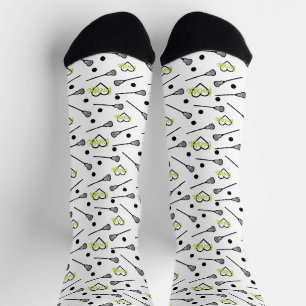 Lime Green Lacrosse Sticks and Hearts Pattern Socks