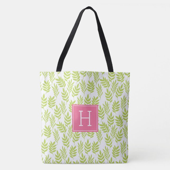 Lime Green Leaves Pattern and Pink Monogram Tote Bag (Front)