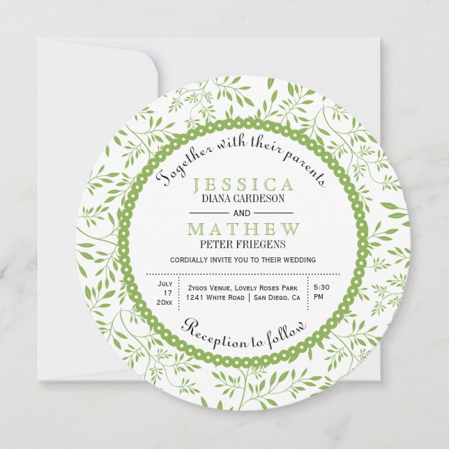 Lime green leaves pattern modern floral wedding invitation (Front)