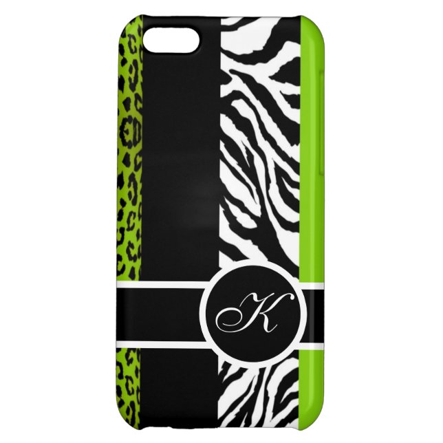 Lime Green Leopard and Zebra Animal Print Monogram iPhone Case (Back)