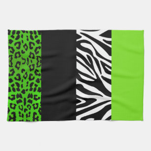 Lime Green Leopard and Zebra Animal Print Tea Towel