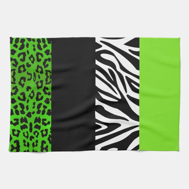 Lime Green Leopard and Zebra Animal Print Tea Towel (Horizontal)