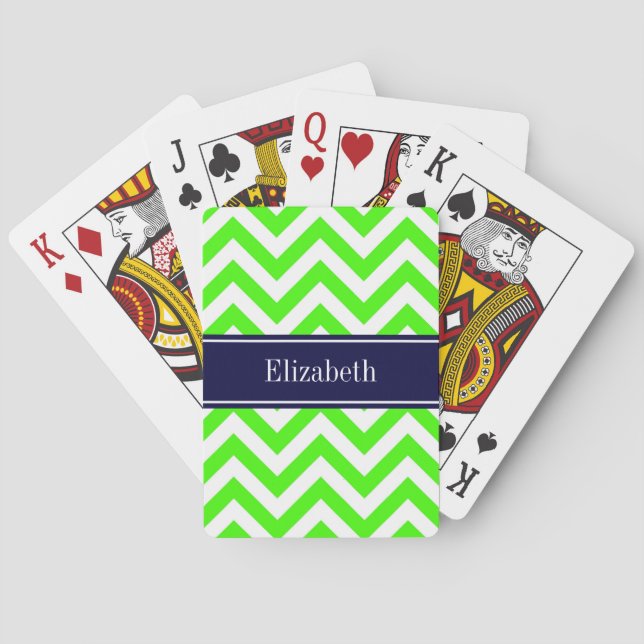 Lime Green LG Chevron Navy Blue Name Monogram Playing Cards (Back)