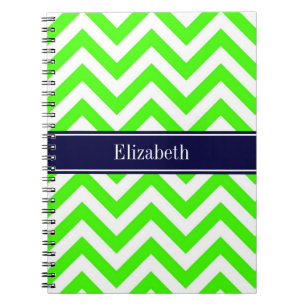 Lime Green LG Chevron Navy Blue Name Monogram Spiral Notebook