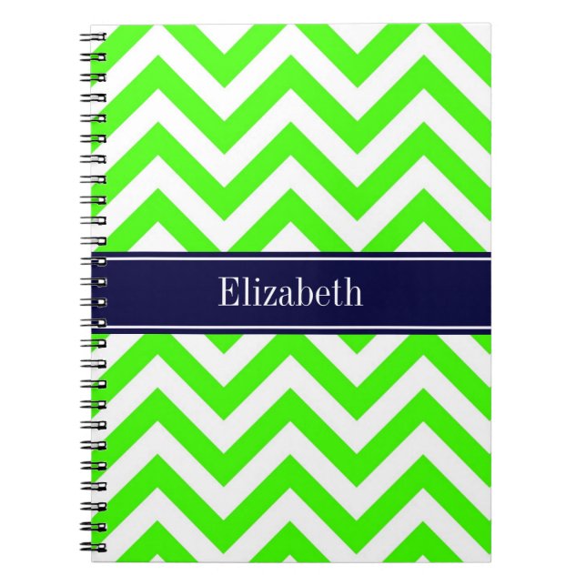 Lime Green LG Chevron Navy Blue Name Monogram Spiral Notebook (Front)