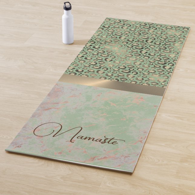 Lime Green Marble Glittery Leopard Namaste Yoga Mat (In Situ)
