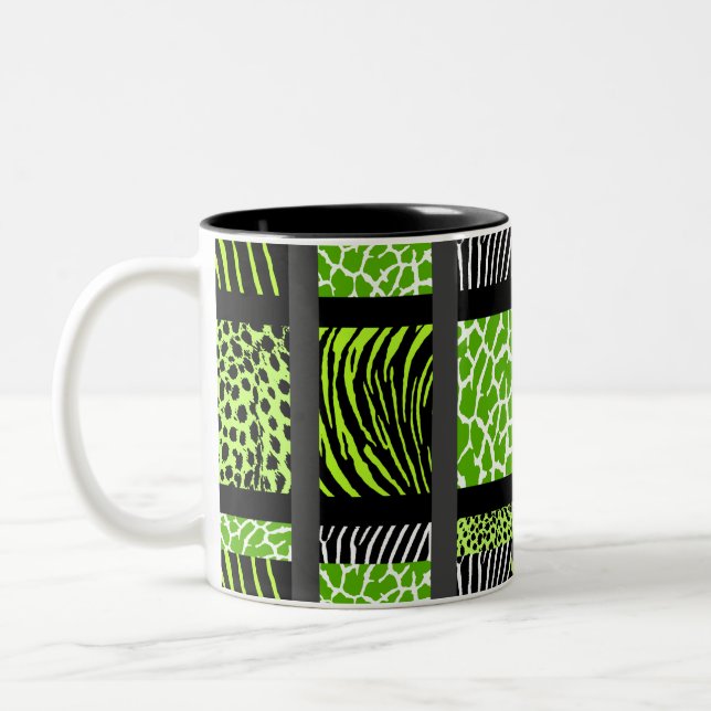 Lime Green Mixed Animal Print Two-Tone Coffee Mug (Left)