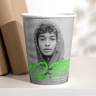 Lime Green Modern Dashed 2022 Photo Graduation Paper Cups