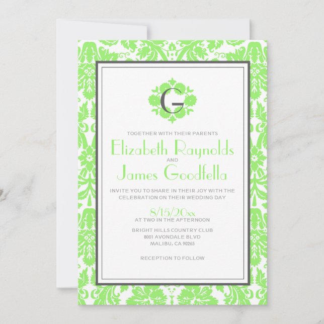 Lime Green Monogram Damask Wedding Invitations (Front)