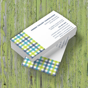 Lime Green, Navy and Turquoise Blue Plaid Business Card