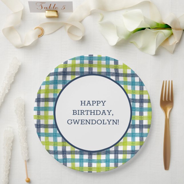 Lime Green, Navy and Turquoise Blue Plaid Paper Plate (Wedding)
