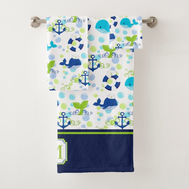 Lime Green Navy Blue Nautical Pattern Monogram Bath Towel Set (Insitu)