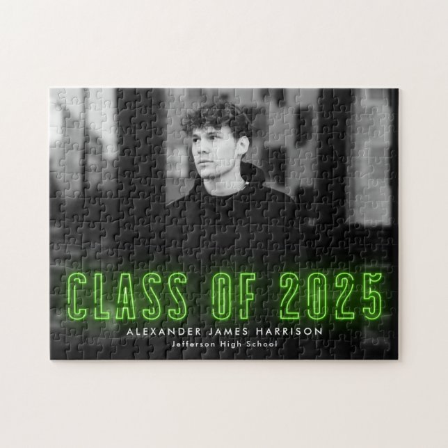 Lime Green Neon Class of 2025 Graduation Photo Jigsaw Puzzle (Horizontal)