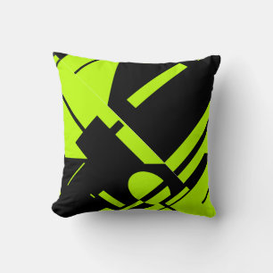 Lime Green on Black Bold Geometric Abstract Design Cushion