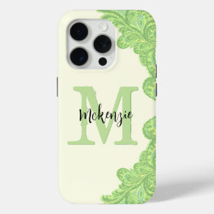 Lime Green Personalised Damask iPhone Cover- iPhone 15 Pro Case
