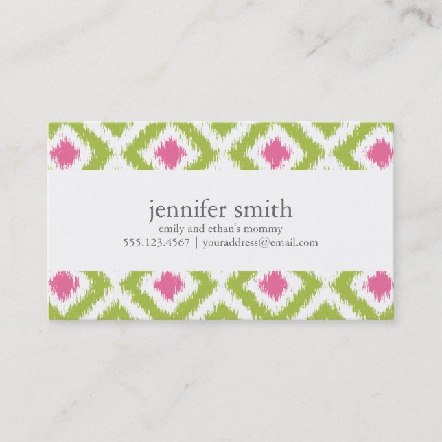 Lime Green Pink Diamonds Ikat Pattern Calling Card (Front)