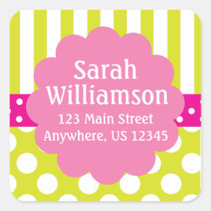 Lime Green Pink Stripes Polka Dots Address Sticker