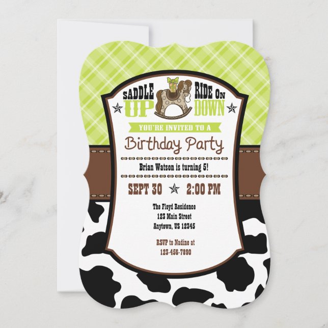 Lime Green Plaid Cowhide Cowboy Birthday Invite (Front)
