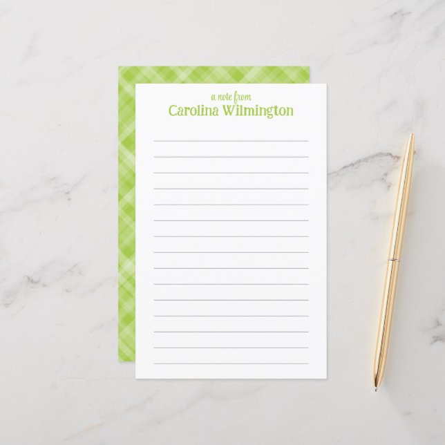 Lime Green Plaid Lined Letter Paper Stationery (Front/Back In Situ)