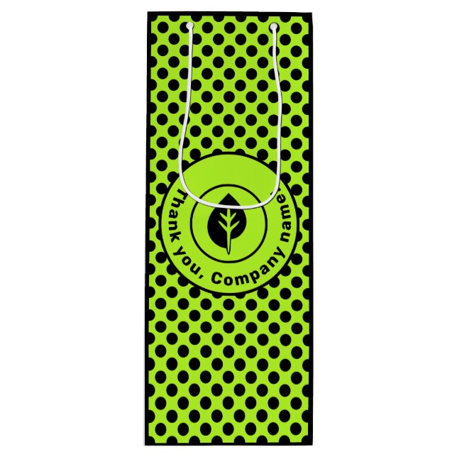 Lime Green Polka Dot Custom Logo & Company Name Wine Gift Bag (Front)
