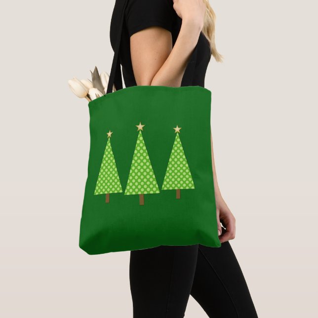 Lime Green Polka Dot Modern Christmas Tree Tote Ba Bag (Close Up)